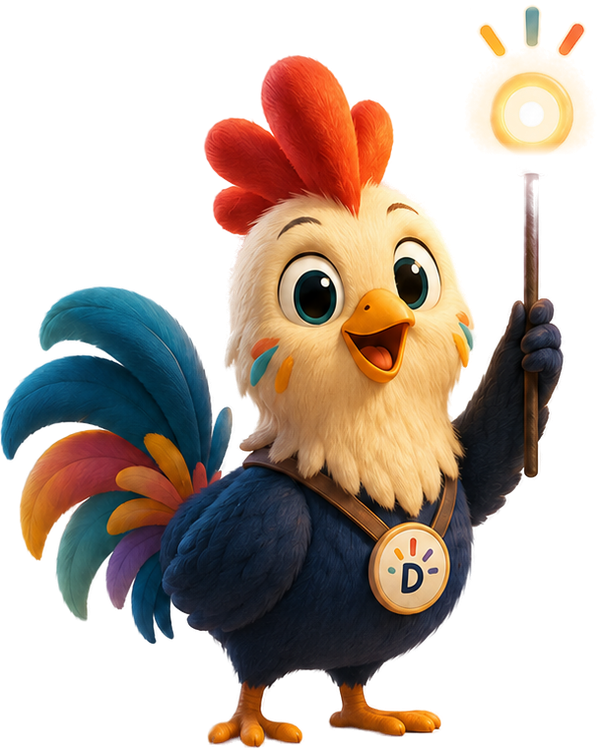Diki, the Dikivo rooster mascot, raises his glowing wand to give the signal