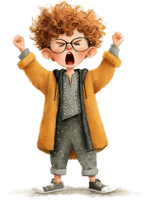 A small boy in a mustard coat, fists up, yelling