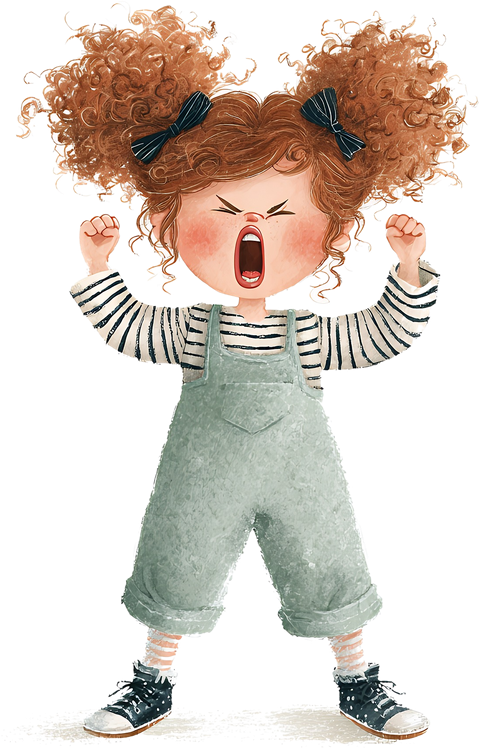 A small girl in dungarees, fists up, yelling