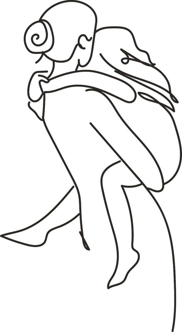 Line drawing of a parent carrying their child on their back